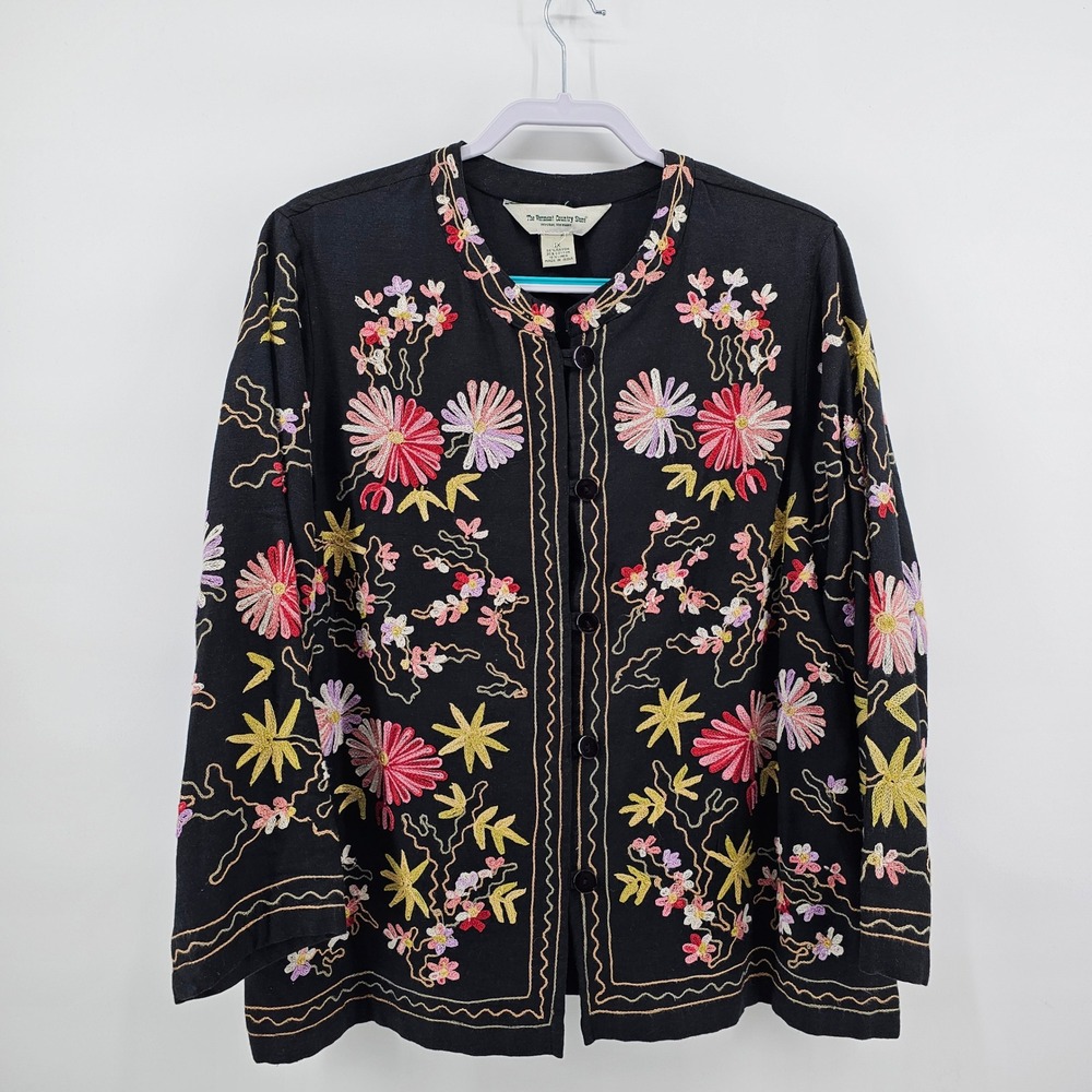 The Vermont Country Store Jacket Womens 1X Black Floral Embroidered Linen Blend